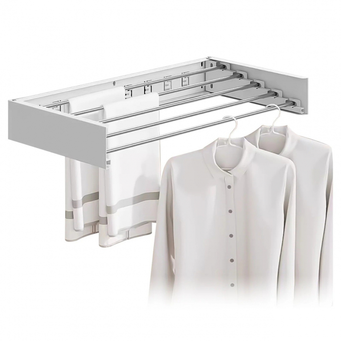 Suport Haine, Flippy, Depozitare si Uscare Rufe, din Aluminiu, Pliabil, Impermeabil, Montare prin Perforare, 80 cm, Alb [1]