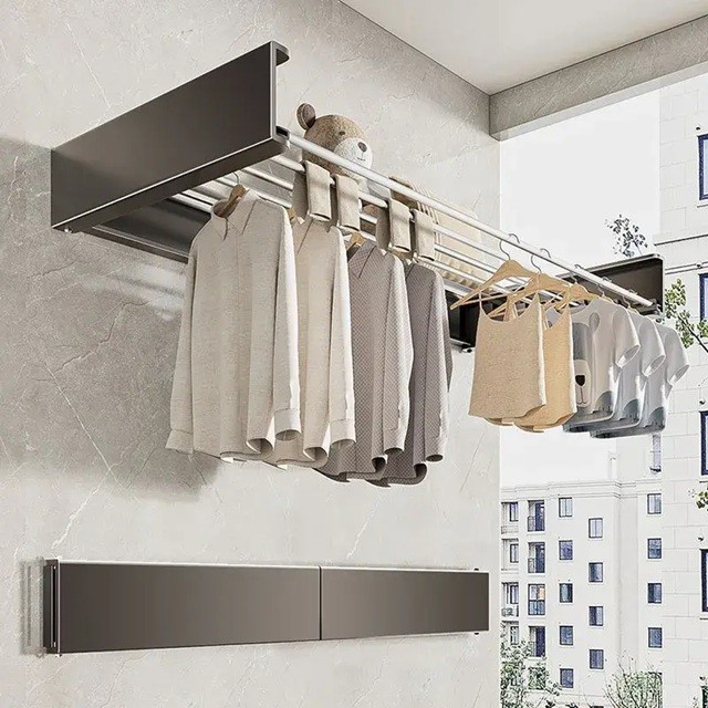 Suport Haine, Flippy, Depozitare si Uscare Rufe, din Aluminiu, Pliabil, Impermeabil, Montare prin Perforare, 80 cm, Negru [3]
