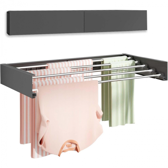 Suport Haine, Flippy, Depozitare si Uscare Rufe, din Aluminiu, Pliabil, Impermeabil, Montare prin Perforare, 80 cm, Negru [1]