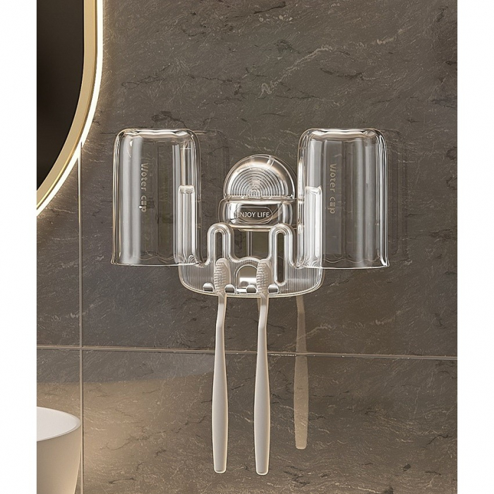 Suport Multifunctional Dublu, Pahar si Suport pentru Periuta de Dinti, Flippy, Plastic, 11 cm x 11.5 cm, Gri [7]