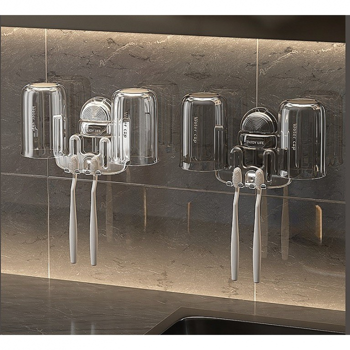 Suport Multifunctional Dublu, Pahar si Suport pentru Periuta de Dinti, Flippy, Plastic, 11 cm x 11.5 cm, Gri [3]