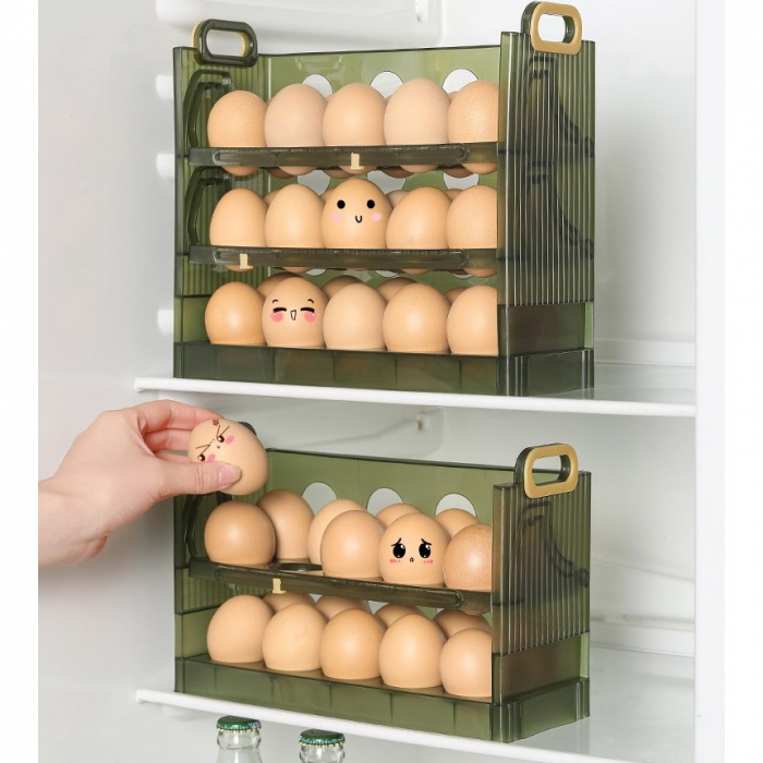 Suport Organizator pentru Oua, Flippy, pentru Frigider, Verde transparent, Capacitate 30 oua, Trei straturi, cu Data de Expirare, 25.5x10x23 cm [6]
