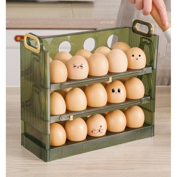 Suport Organizator pentru Oua, Flippy, pentru Frigider, Verde transparent, Capacitate 30 oua, Trei straturi, cu Data de Expirare, 25.5x10x23 cm [4]