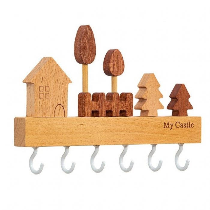 Suport pentru Chei, Flippy, din Lemn, Aplicare fara Perforare, Adeziv Inclus, 6 Carlige Albe, Model Casuta, Greutate Suportata 5 kg, 14.5 x 2 x 22.5 cm, Maro [1]