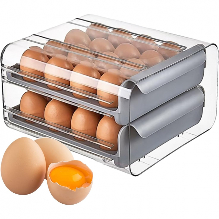 Suport pentru Oua, Flippy, Strat Dublu, Capacitate 32 de Oua, 23.5x21.5 cm, din Plastic, Gri [2]