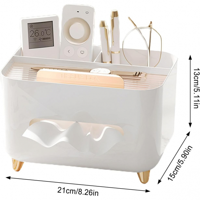 Suport pentru Servetele, Flippy, Cutie Multifunctionala, Design Minimalist, ABS, cu Suport pentru Obiectele Personale, pentru Birou, 21x15x13 cm, Alb [3]
