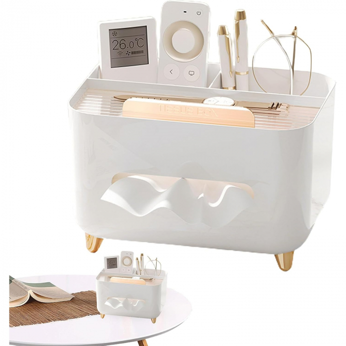 Suport pentru Servetele, Flippy, Cutie Multifunctionala, Design Minimalist, ABS, cu Suport pentru Obiectele Personale, pentru Birou, 21x15x13 cm, Alb [2]