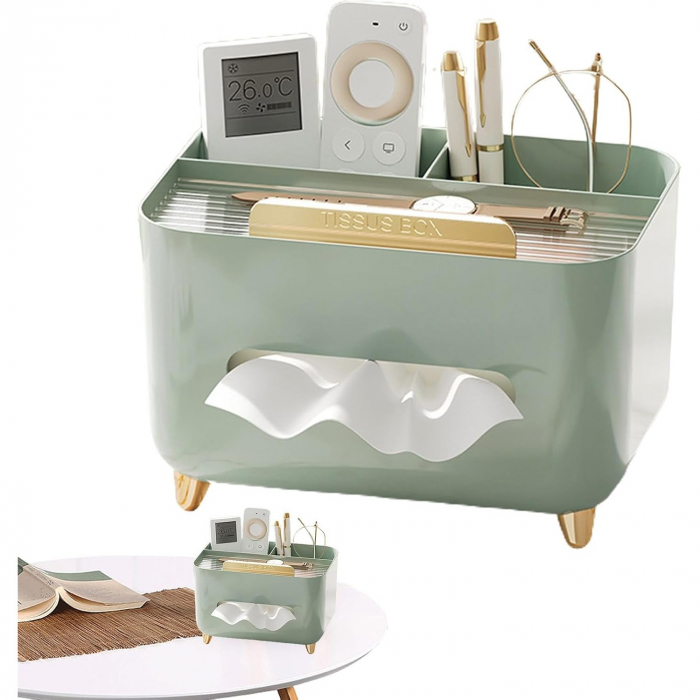 Suport pentru Servetele, Flippy, Cutie Multifunctionala, Design Minimalist, ABS, cu Suport pentru Obiectele Personale, pentru Birou, 21x15x13 cm, Verde [2]