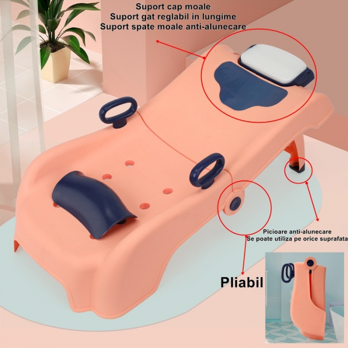 Suport Pliabil pentru Spalat Parul Flippy, Pentru Copii, 0 - 16 ani, cu Picioare Antialunecare, Material Polipropilena, Suport Cap Reglabil, cu Manere, 82 x 40 x 28 cm, Roz pal [3]
