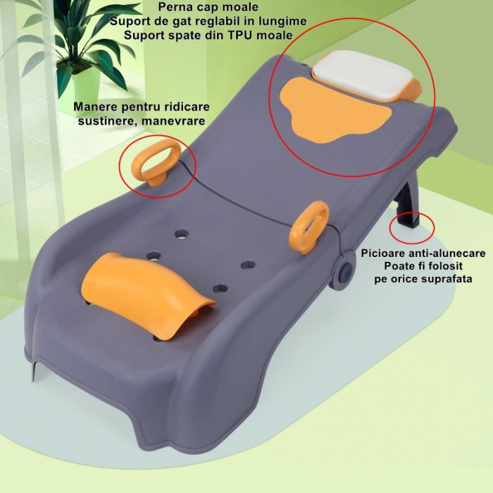 Suport Pliabil pentru Spalat Parul Flippy, Pentru Copii, 0 - 16 ani, cu Picioare Antialunecare, Material Polipropilena, Suport Cap Reglabil, cu Manere, 82 x 40 x 28 cm, Bleumarin [3]