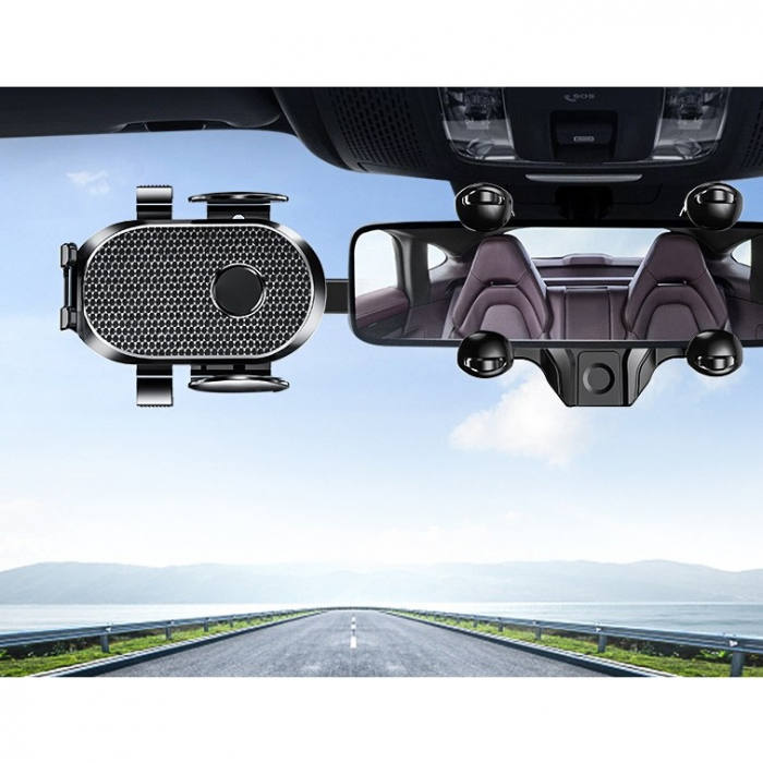 Suport Telefon Auto, Flippy, Pentru Oglinda Retrovizoare, din ABS, Reglabil 360°, Negru [3]