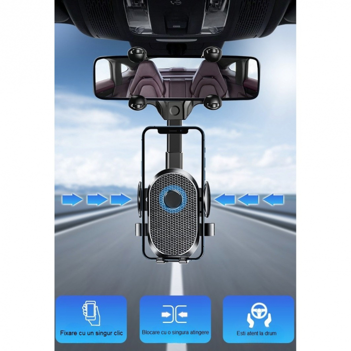 Suport Telefon Auto, Flippy, Pentru Oglinda Retrovizoare, din ABS, Reglabil 360°, Negru [6]