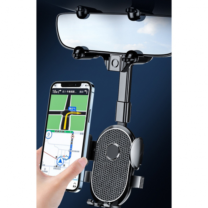 Suport Telefon Auto, Flippy, Pentru Oglinda Retrovizoare, din ABS, Reglabil 360°, Negru [5]