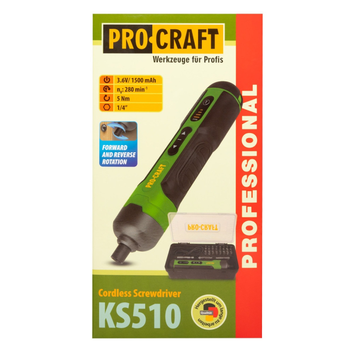 Surubelnita electrica cu acumulator PROCRAFT KS510, 3,6 V / 1,5 Ah, 5 Nm, USB Type-C, 28 biti si cutie de transport [7]