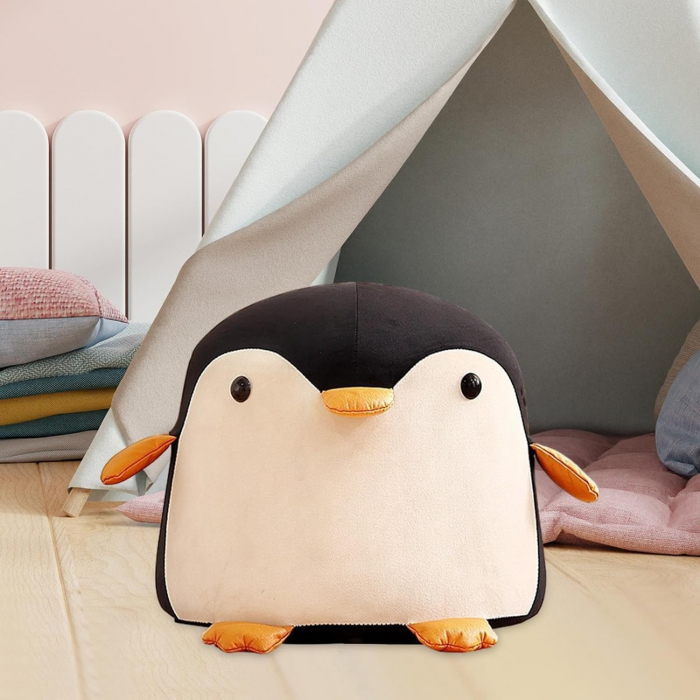 Taburet Pentru Copii, Flippy, Cadru din Lemn Masiv, 25 x 29 x 29 cm, Perna de Burete Elastica si Maner de Transport, in Forma de Pinguin, Negru [7]