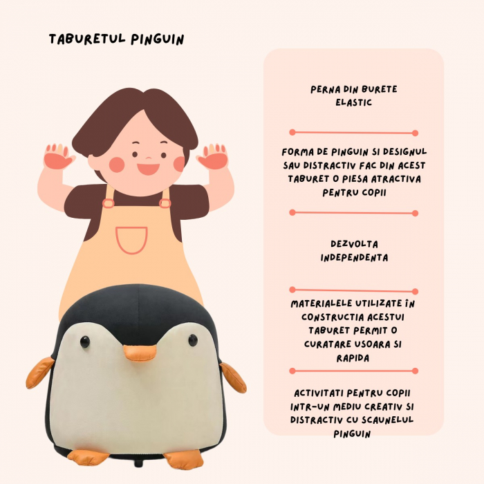 Taburet Pentru Copii, Flippy, Cadru din Lemn Masiv, 25 x 29 x 29 cm, Perna de Burete Elastica si Maner de Transport, in Forma de Pinguin, Negru [2]