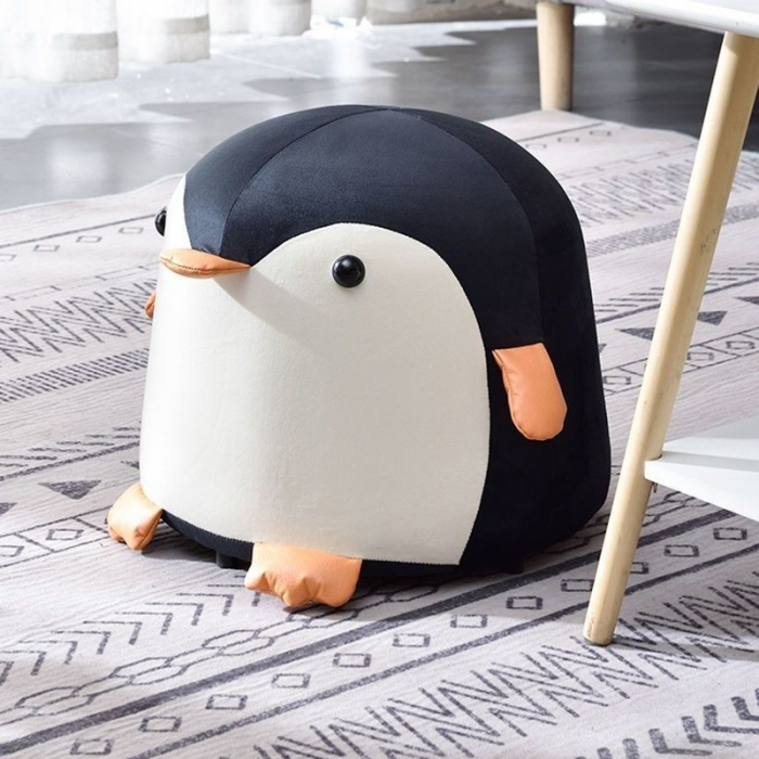 Taburet Pentru Copii, Flippy, Cadru din Lemn Masiv, 25 x 29 x 29 cm, Perna de Burete Elastica si Maner de Transport, in Forma de Pinguin, Negru [5]