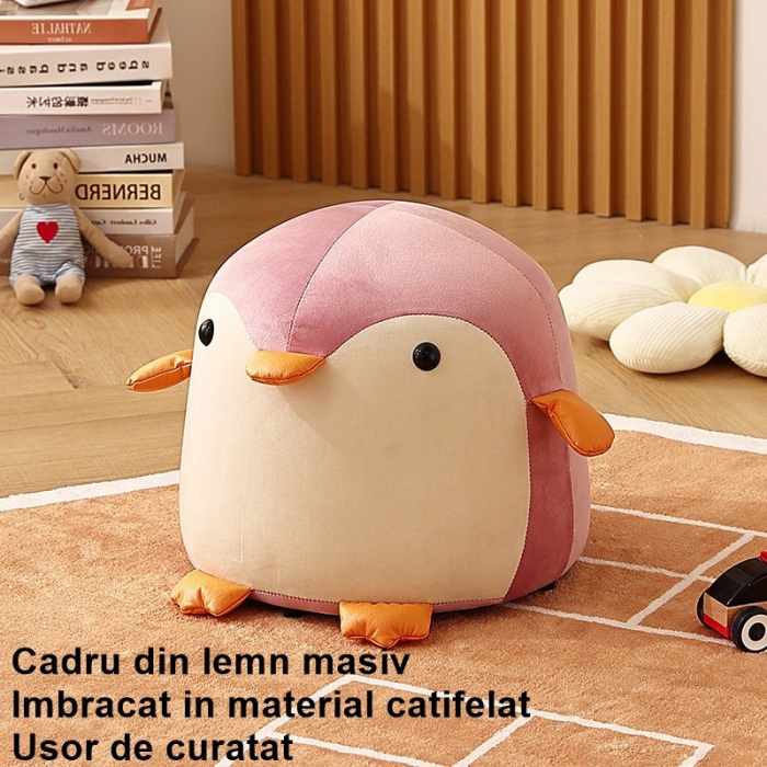 Taburet Pentru Copii, Flippy, Cadru din Lemn Masiv, 25 x 29 x 29 cm, Perna de Burete Elastica si Maner de Transport, in Forma de Pinguin, Roz [5]