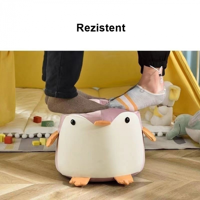 Taburet Pentru Copii, Flippy, Cadru din Lemn Masiv, 25 x 29 x 29 cm, Perna de Burete Elastica si Maner de Transport, in Forma de Pinguin, Roz [2]
