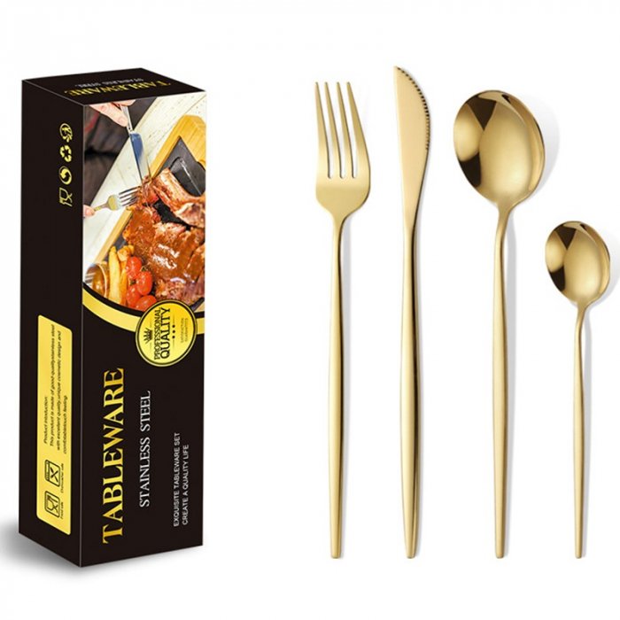 Tacamuri Portugheze, Flippy, Set din 24 de Piese din Otel Inoxidabil, 6 Cutie, 6 Furculite, 6 Linguri de Masa, 6 Linguri pentru Ceai, Auriu [2]