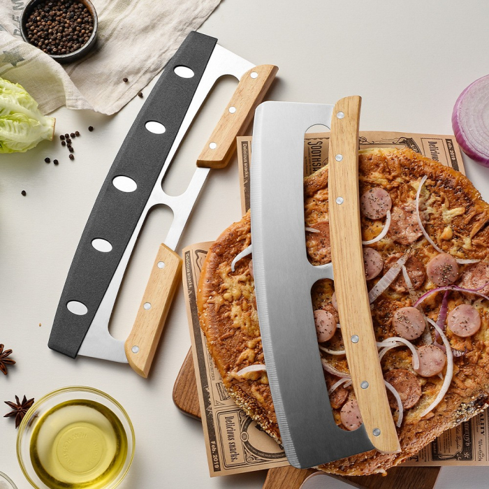 Taietor Feliator de Pizza, Flippy, din Otel Inoxidabil, cu Capac, Maner din Doua Bucatie, din Lemn, Antialunecare, Lama Neteda si Ascutita, 34x10 cm, Maro [12]