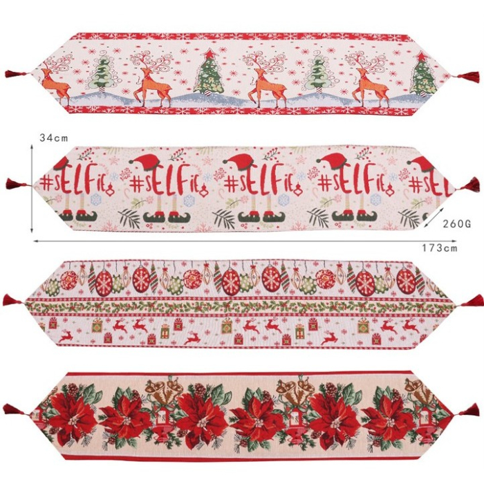 Traversa de Masa pentru Craciun, Flippy, Napron, din Material Tricotat cu Tesatura Groasa, Model Globuri, Reni si Cadouri, cu Colt si Ciucure, 173x34x0.2 cm, Alb/ Rosu [3]