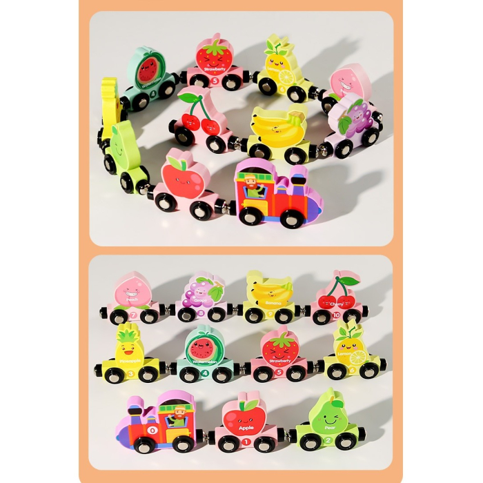 Trenulet Magnetic, Flippy, din Lemn, Model 10 Fructe, +3 Ani, Jucarie de Asamblat, Multicolor [3]