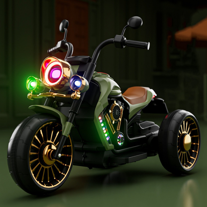 Tricicleta Electrica pentru Copii, Flippy, cu 2 Acumulatoare 380*2, 6V 4.5, Telecomanda, Bluetooth, Sistem Anti-Rasturnare, Sistem de Lumini si Sunet, 6-8 Ani, 93 x 48 x 63 cm, Verde Negru [6]