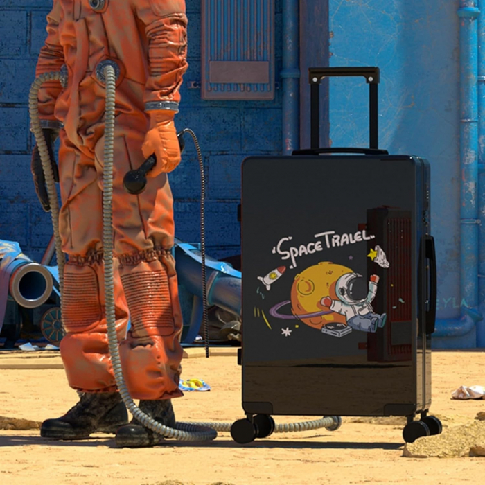 Troler de Calatorie, Flippy, 56 x 35 x 22 cm, 4 Roti, Maner Reglabil, din ABS, cu Fermoar, Blocare cu Cod, Impermeabil, Model Astronaut, Negru [7]