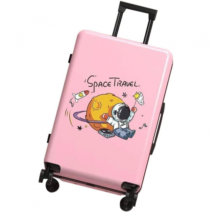 Troler de Calatorie, Flippy, 56 x 35 x 22 cm, 4 Roti, Maner Reglabil, din ABS, cu Fermoar, Blocare cu Cod, Impermeabil, Model Astronaut, Roz [1]