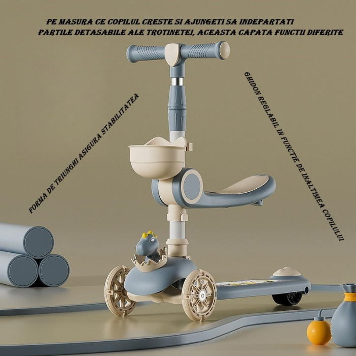 Trotineta Multifunctionala 3 in 1, Flippy, pentru Copii, 1-7 Ani, cu Lumini si Muzica, Reglabil 360, Pliere Usoara, Reglarea Inaltimii, Model Dinozaur, Bej/Albastru [3]