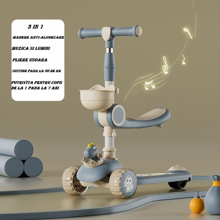 Trotineta Multifunctionala 3 in 1, Flippy, pentru Copii, 1-7 Ani, cu Lumini si Muzica, Reglabil 360, Pliere Usoara, Reglarea Inaltimii, Model Dinozaur, Bej/Albastru [2]