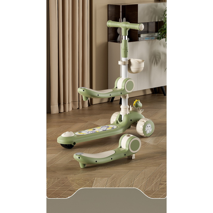 Trotineta Multifunctionala 3 in 1, Flippy, pentru Copii, 1-7 Ani, cu Lumini si Muzica, Reglabil 360, Pliere Usoara, Reglarea Inaltimii, Model Dinozaur, Bej/Verde [5]