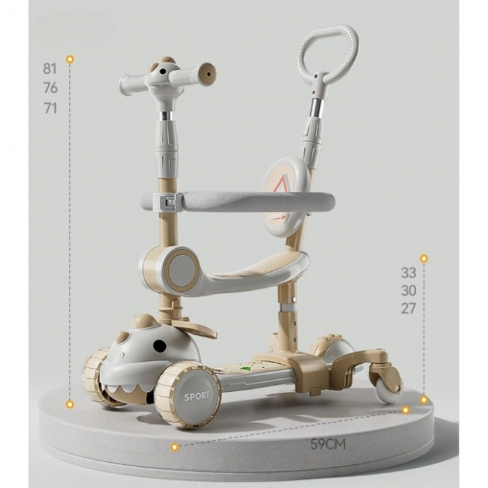 Trotineta Multifunctionala 6 in 1, Flippy, Pentru Copii De La 10 Luni Pana La 12 Ani, Cu Maner De Impingere, Reglabil 360, Pliere Usoara, Reglarea Inaltimii, Model Dinozaur, Alb/Bej [8]