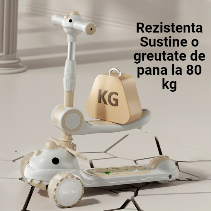 Trotineta Multifunctionala 6 in 1, Flippy, Pentru Copii De La 10 Luni Pana La 12 Ani, Cu Maner De Impingere, Reglabil 360, Pliere Usoara, Reglarea Inaltimii, Model Dinozaur, Alb/Bej [5]