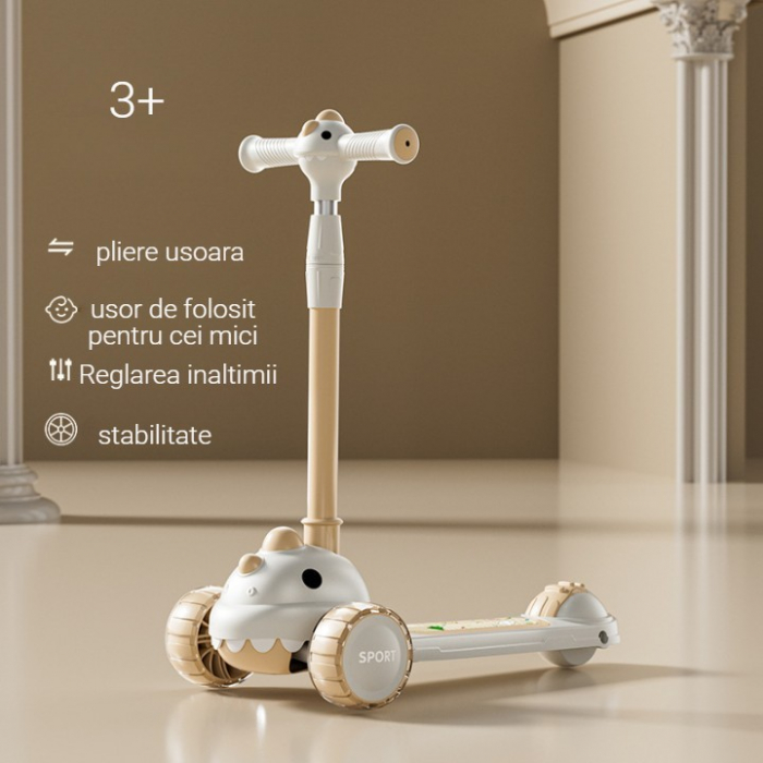 Trotineta Multifunctionala 6 in 1, Flippy, Pentru Copii De La 10 Luni Pana La 12 Ani, Cu Maner De Impingere, Reglabil 360, Pliere Usoara, Reglarea Inaltimii, Model Dinozaur, Alb/Bej [3]