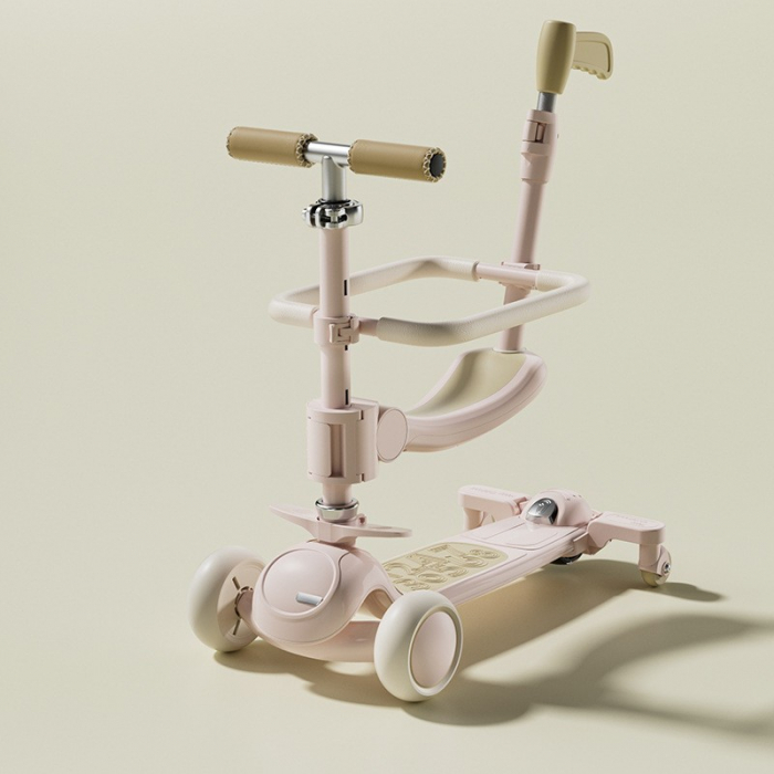 Trotineta Tip Carucior pentru Copii 7in1, Flippy, Pliabila, Ghidon Reglabil, Parti Detasabile, Lumini LED, Muzica, Suport pentru picioare, Roz [2]