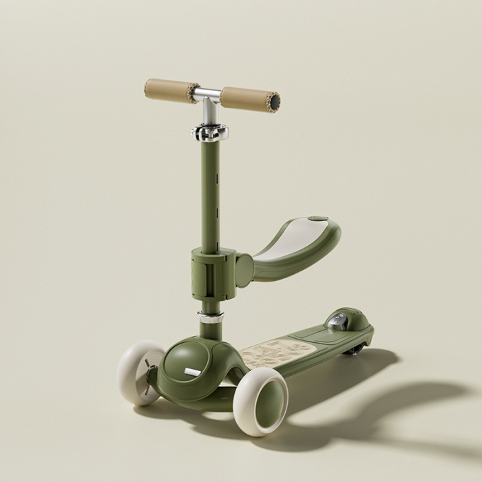 Trotineta Tip Carucior pentru Copii 7in1, Flippy, Pliabila, Ghidon Reglabil, Parti Detasabile, Lumini LED, Muzica, Suport pentru picioare, Verde [3]