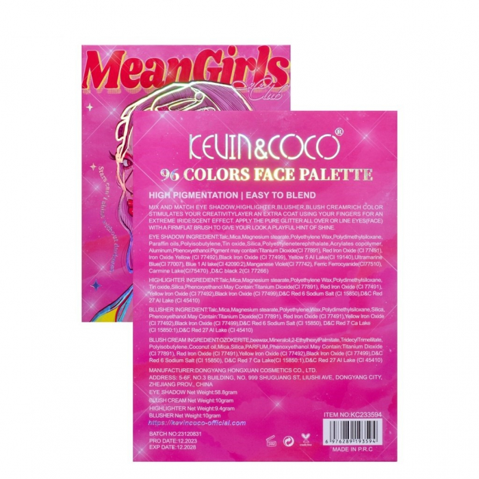 Trusa de Machiaj, KEVIN &amp; COCO, Mean Girl Heart, Fard de Pleoape, Iluminator, Blush Cremos, 96 culori, 21 x 15.7 x 2.4 cm [10]