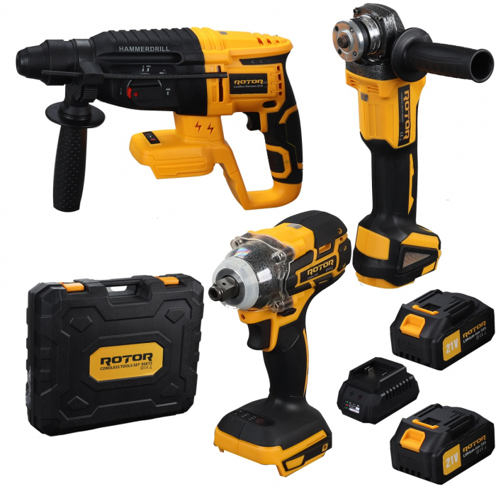Trusa de scule 3 in 1 ROTOR RSET3, Rotopercutor ,Polizor unghiular, Autofiletanta 21V/3Ah [1]