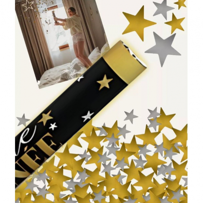 Tub de Confetii, Flippy, Bonne Annee, 60x5 cm, Confetii Stelute din Aluminiu, Auriu/Argintiu [3]