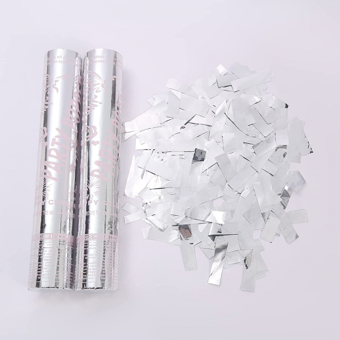 Tub de Confetii, Flippy, Party Popper, 30x5 cm, Confetii Lucioase Rezistente la Foc, Eliberare prin Rasucire, Argintiu [2]