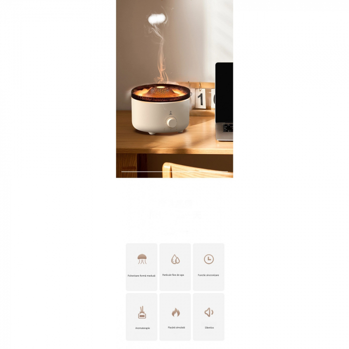Umidificator de tip vulcan, Flippy, cu aromaterapie, cu telecomanda, 560 ml, model V21A, alb [7]