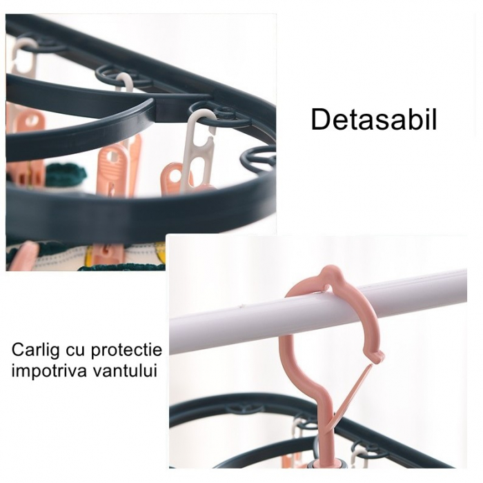 Uscator de Rufe Suspendat Flippy, cu 12 Carlige, Rotire 360 Grade, Protectie Vant, Mateiral Plastic, Usor de Depozitat, Multifunctional, 30 x 12.5 cm, Albastru/Roz [2]