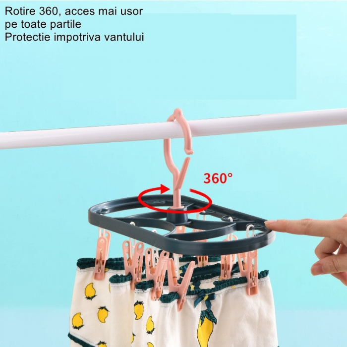 Uscator de Rufe Suspendat Flippy, cu 12 Carlige, Rotire 360 Grade, Protectie Vant, Mateiral Plastic, Usor de Depozitat, Multifunctional, 30 x 12.5 cm, Albastru/Roz [3]