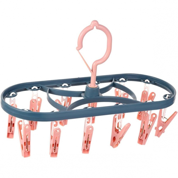 Uscator de Rufe Suspendat Flippy, cu 12 Carlige, Rotire 360 Grade, Protectie Vant, Mateiral Plastic, Usor de Depozitat, Multifunctional, 30 x 12.5 cm, Albastru/Roz [1]