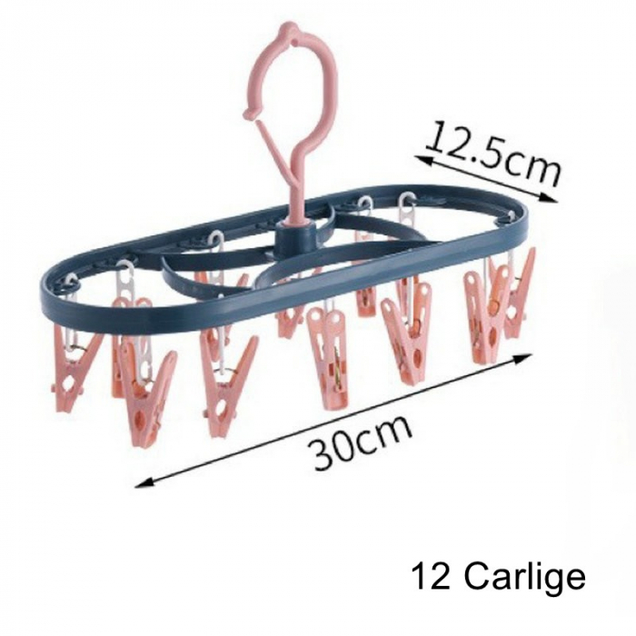 Uscator de Rufe Suspendat Flippy, cu 12 Carlige, Rotire 360 Grade, Protectie Vant, Mateiral Plastic, Usor de Depozitat, Multifunctional, 30 x 12.5 cm, Albastru/Roz [5]