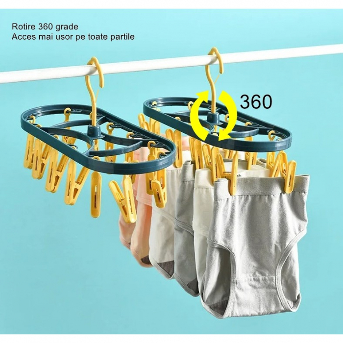 Uscator de Rufe Suspendat Flippy, cu 12 Carlige, Rotire 360 Grade, Protectie Vant, Mateiral Plastic, Usor de Depozitat, Multifunctional, 30 x 12.5 cm, Albastru/Galben [5]