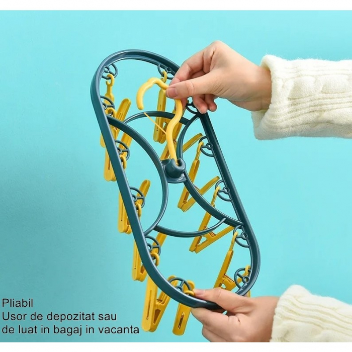 Uscator de Rufe Suspendat Flippy, cu 12 Carlige, Rotire 360 Grade, Protectie Vant, Mateiral Plastic, Usor de Depozitat, Multifunctional, 30 x 12.5 cm, Albastru/Galben [3]