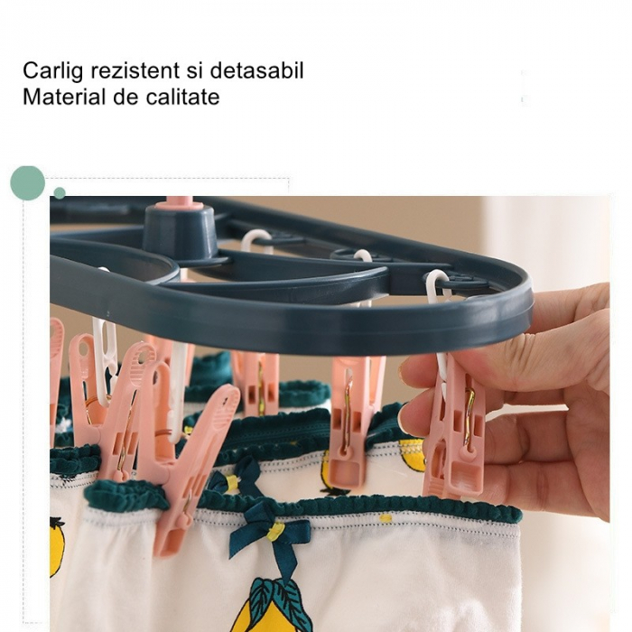 Uscator de Rufe Suspendat Flippy, cu 12 Carlige, Rotire 360 Grade, Protectie Vant, Mateiral Plastic, Usor de Depozitat, Multifunctional, 30 x 12.5 cm, Albastru/Roz [4]